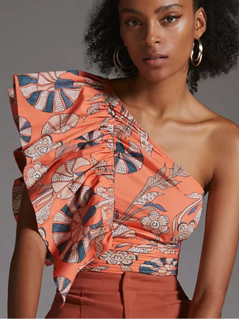 Anthropologie One-Shoulder Floral Ruffle Top in Coral and Navy